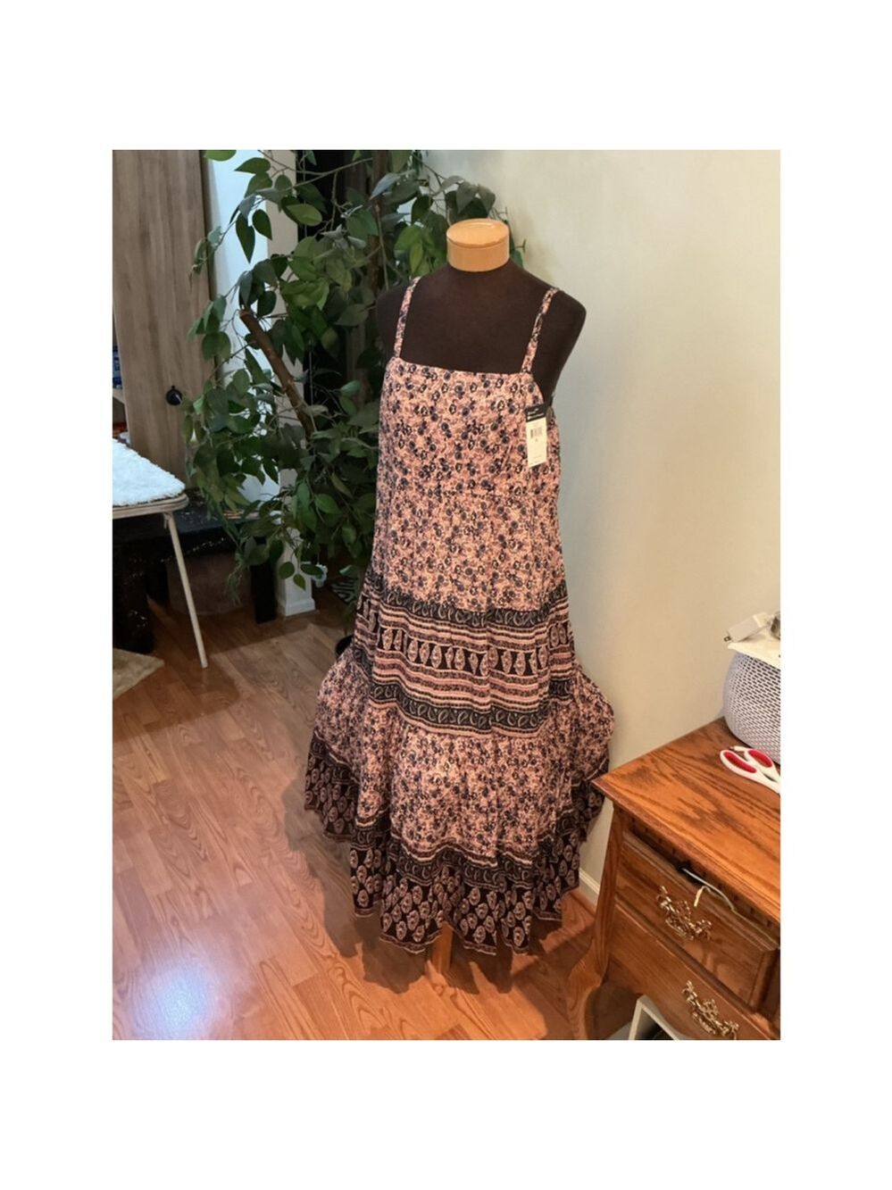 CHAPS Floral Maxi Sundress Blue Black Boho Tiered Dress XL NWT